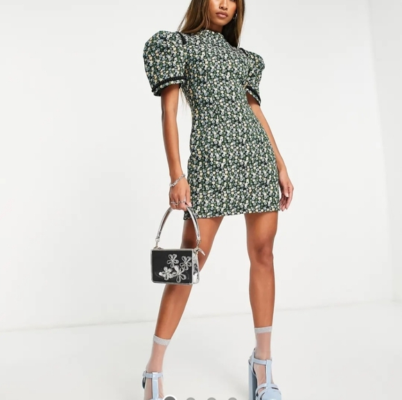 Dresses & Skirts - High-Neck Floral Puff-Sleeve Midi Dress in Green and Blue/I Bought It In ASOS